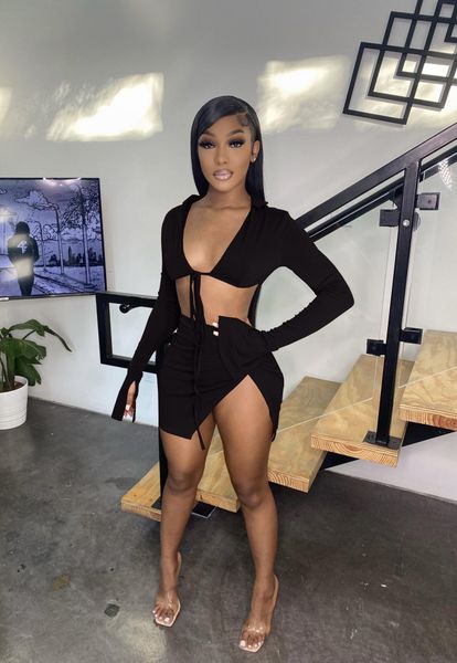 dress v neck solid elegant two piece skirt suit fashion lace up long sleeve and crop bodycon mini dress set lady party outfit, White